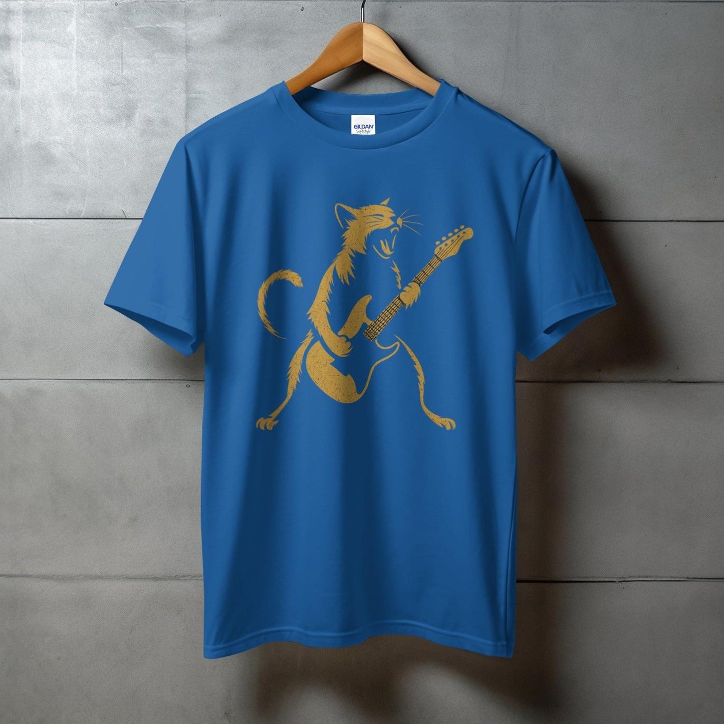 Rocking Cat Strumming Guitar Graphic on Blue Shirt product type