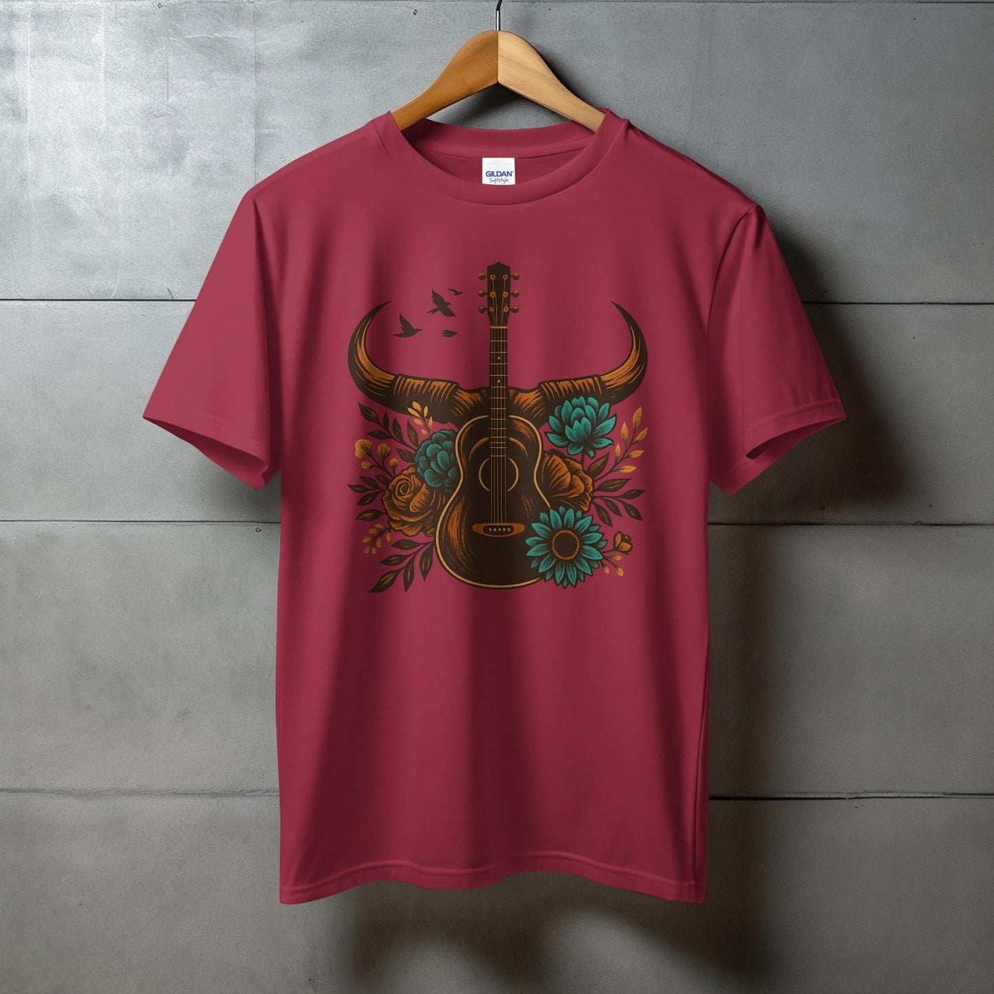 Bull Skull with Flowers Guitar Graphic T-shirt product type