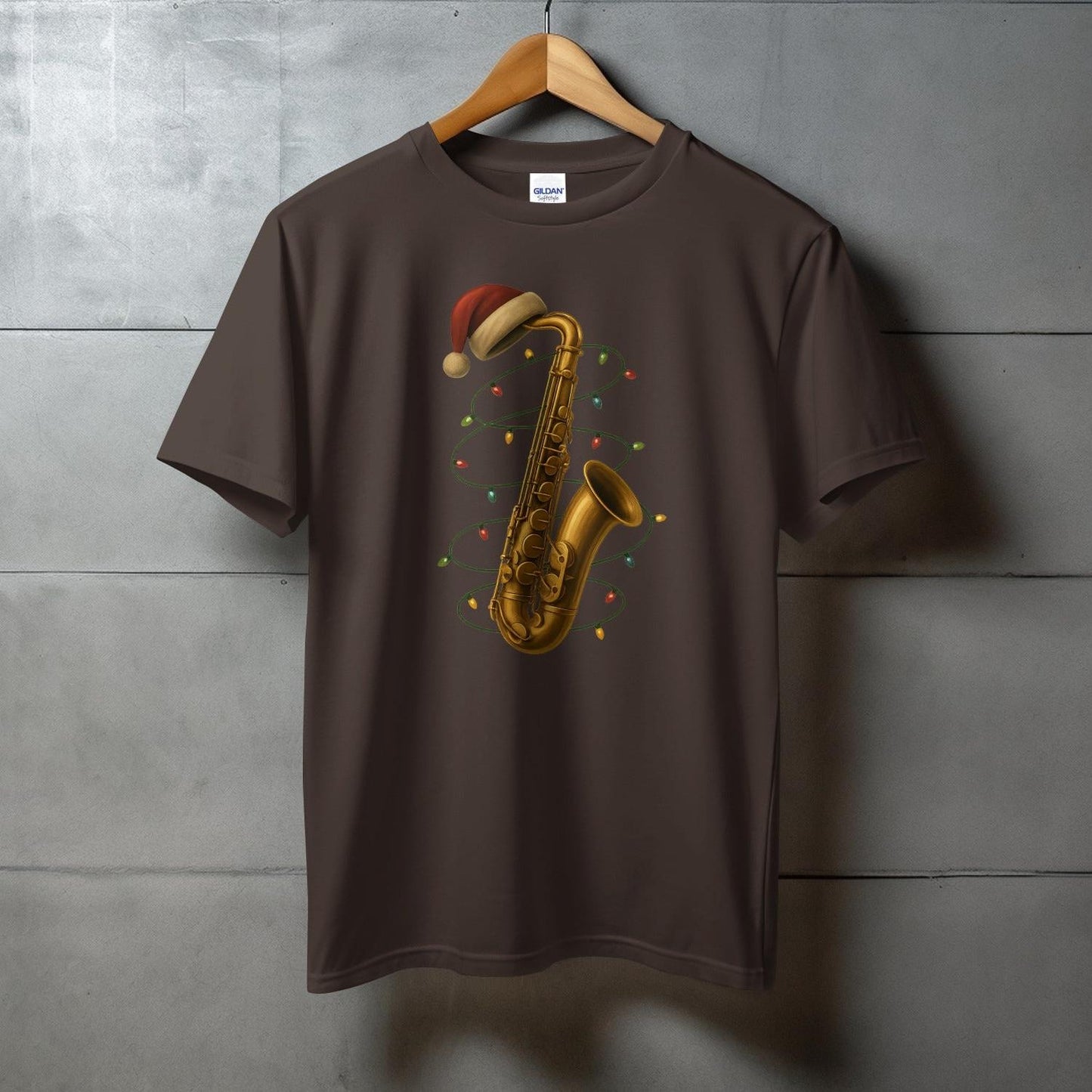 Festive Saxophone Design on Brown T-Shirt product type