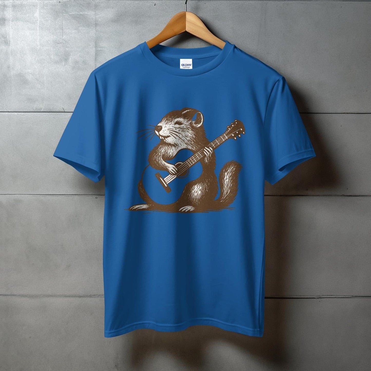 Blue T-Shirt with a Cute Mouse Playing Guitar Design product