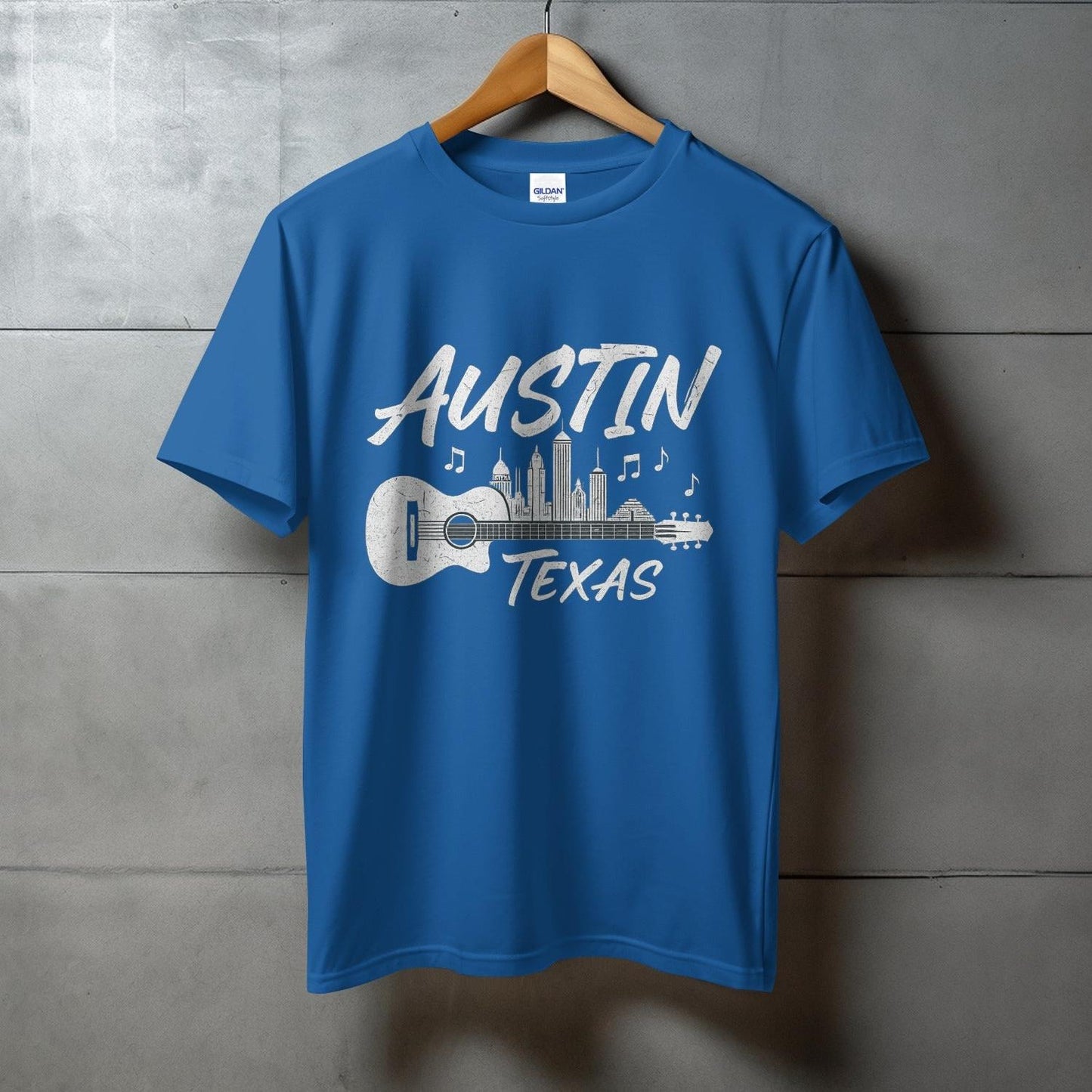 Austin Texas Skyline and Guitar Themed T-shirt product