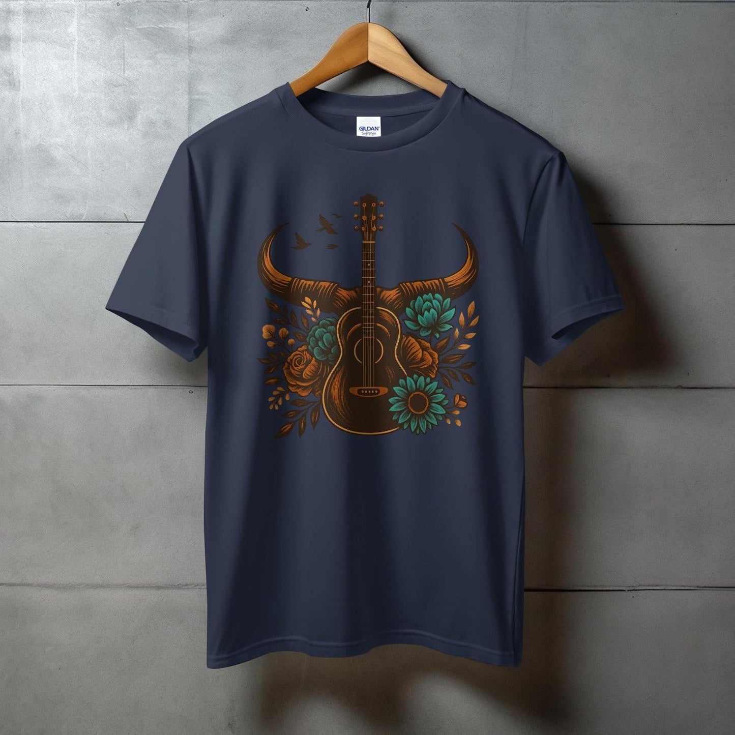 Guitar And Floral Bull Skull Design T-Shirt product