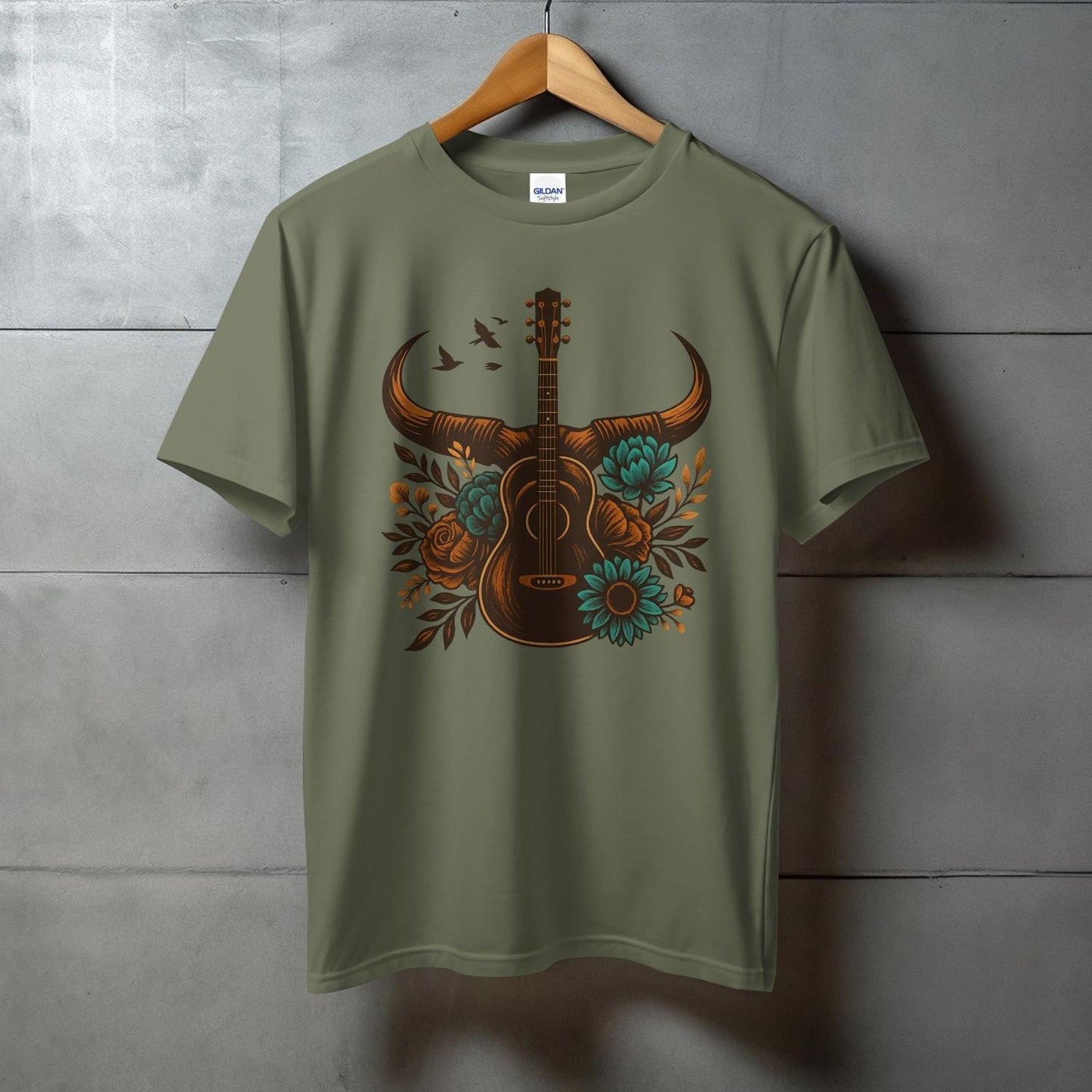 Western-Inspired Guitar and Floral Graphic T-Shirt product
