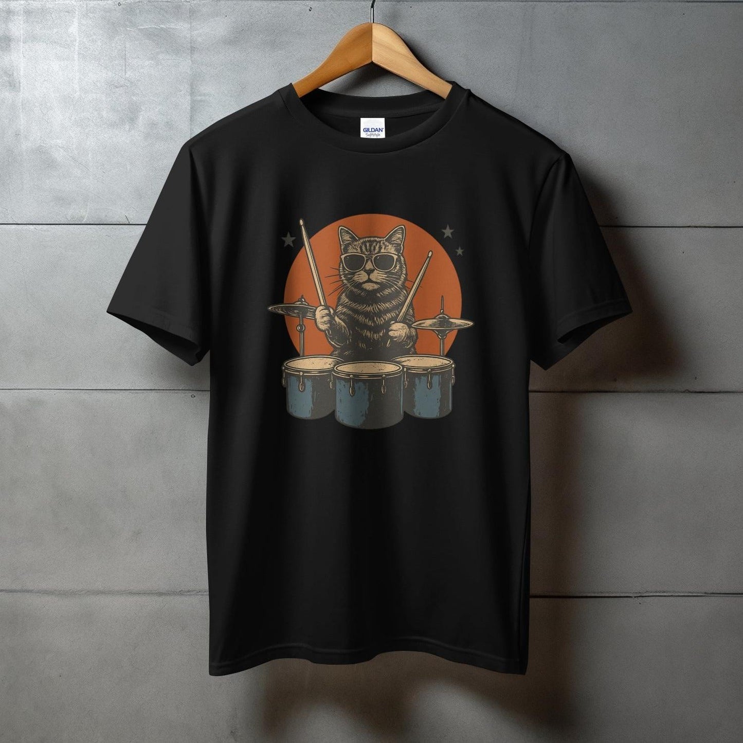 Cute Drumming Cat Graphic Printed Short Sleeve T-shirt