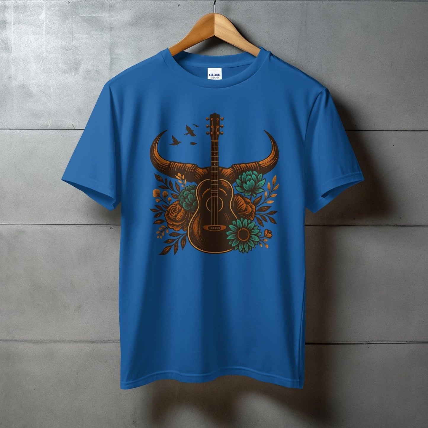 Artistic Guitar with Floral and Bull Skull T-Shirt Product