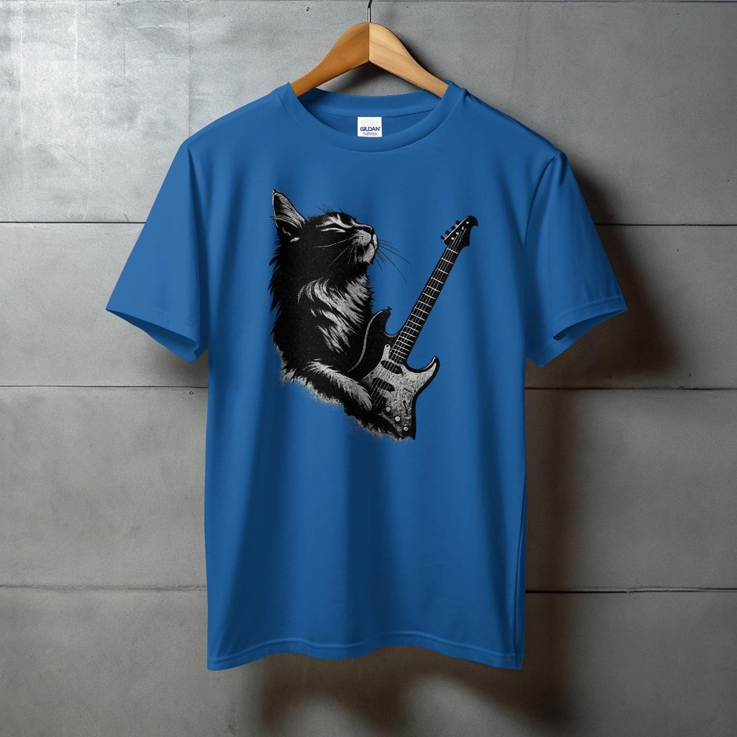 Cool Blue T-Shirt with Cat Playing Guitar design product type
