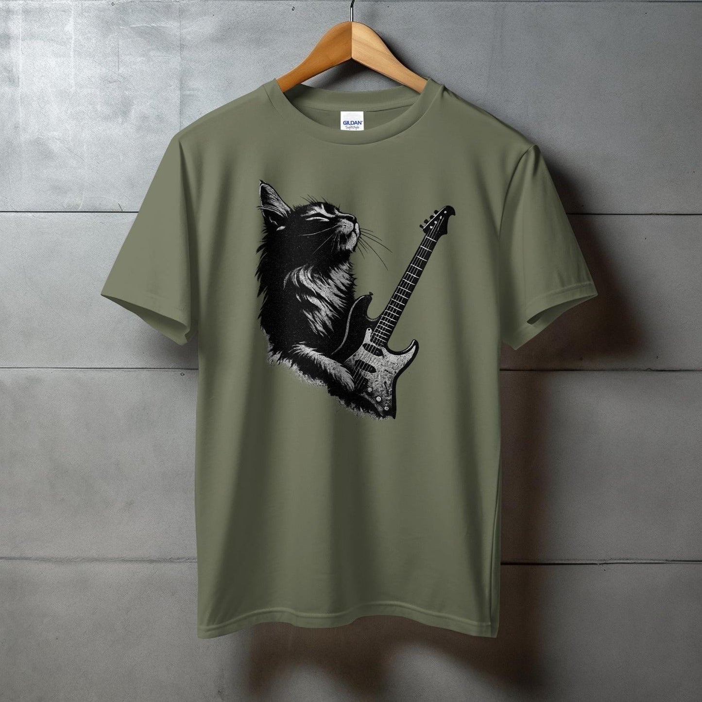 Rocking Cat with Electric Guitar on Olive T-shirt product