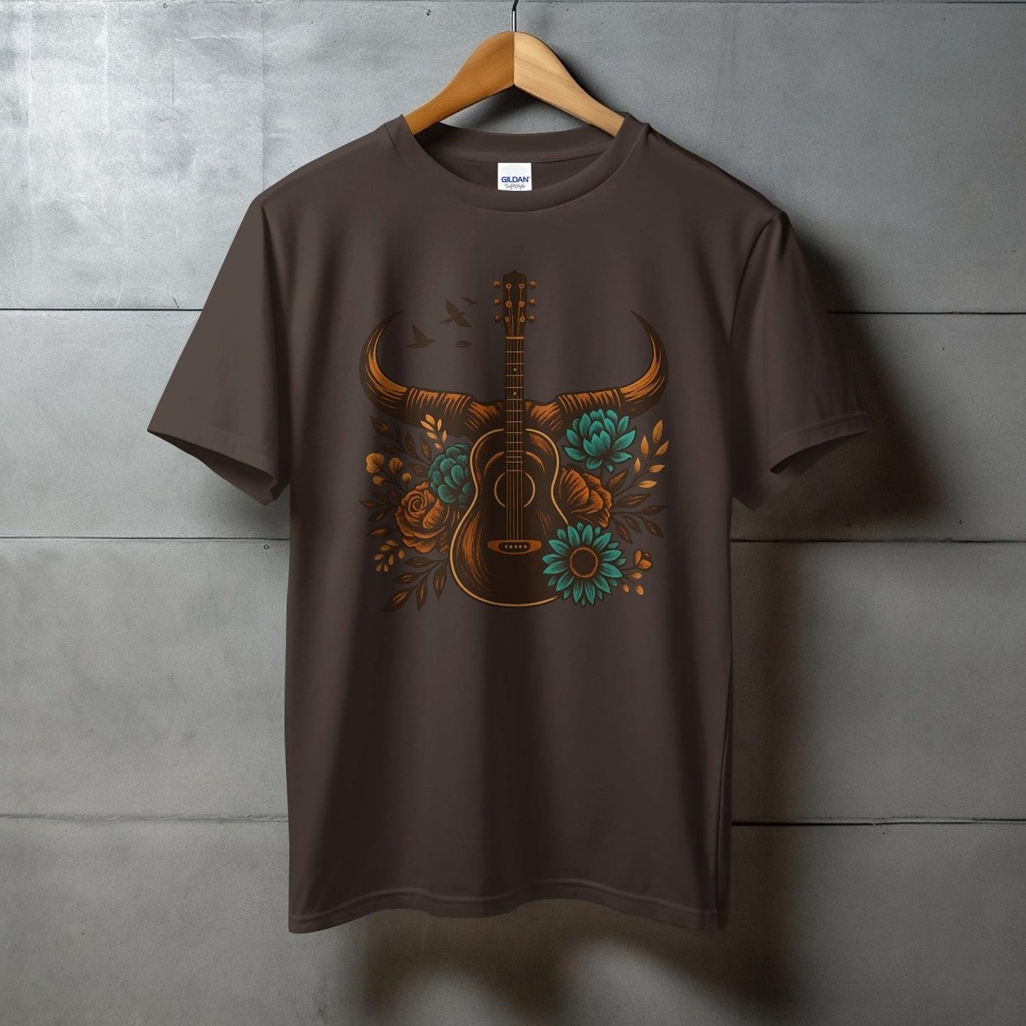 Guitar and Floral Design Brown T-shirt product