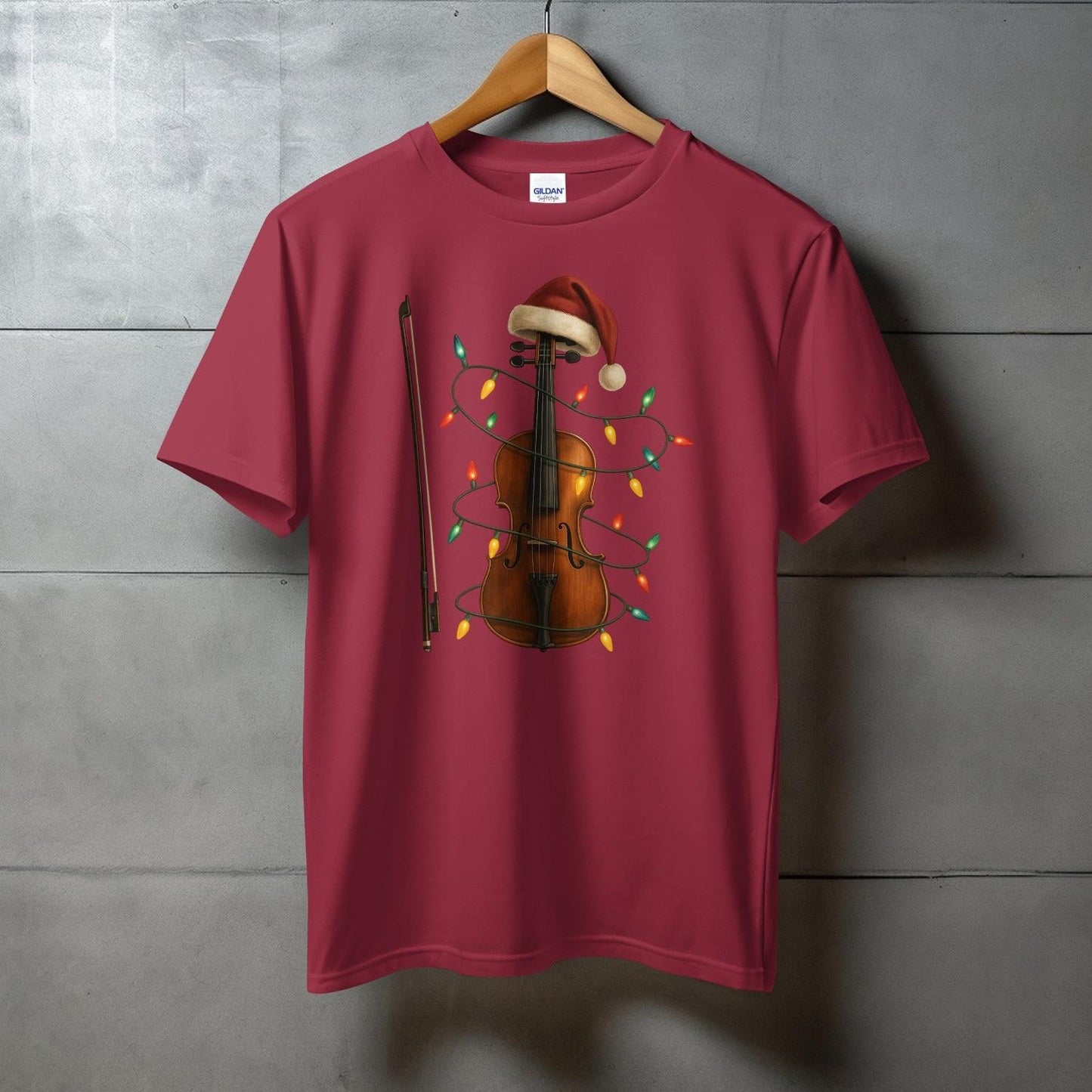 Festive Christmas Violin Design on Maroon T-Shirt product type