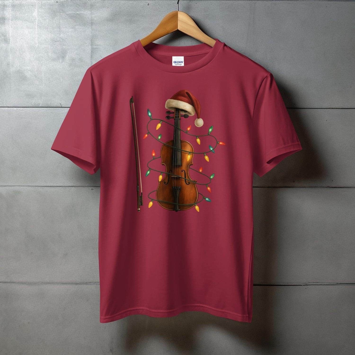 Festive Christmas Violin Design on Maroon T-Shirt product type