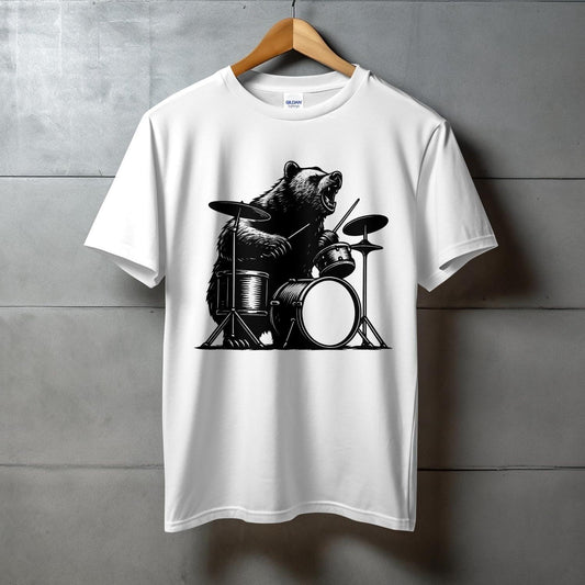 Bear Playing Drums Graphic White T-Shirt product