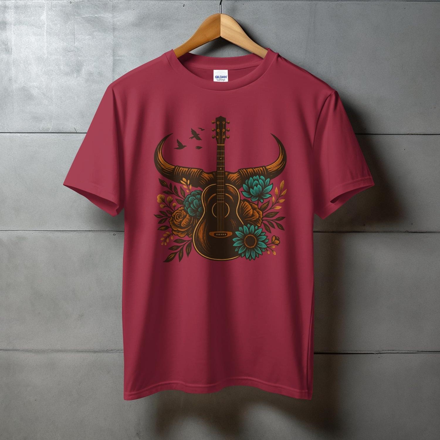 Bull Skull with Flowers Guitar Graphic T-shirt product type