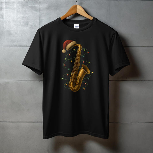 Christmas Themed Saxophone Printed Black T-Shirt product type
