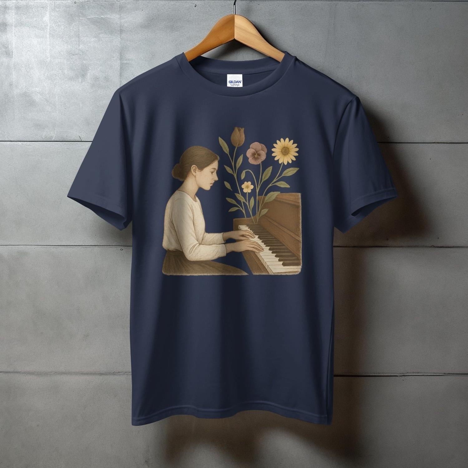 Charming piano player and flowers design on t-shirt product