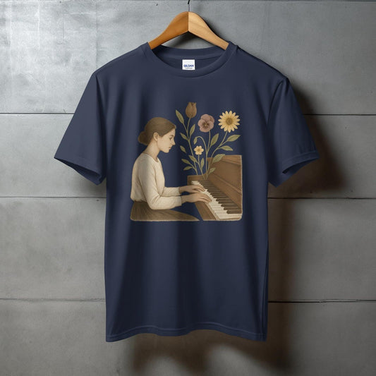 Charming piano player and flowers design on t-shirt product