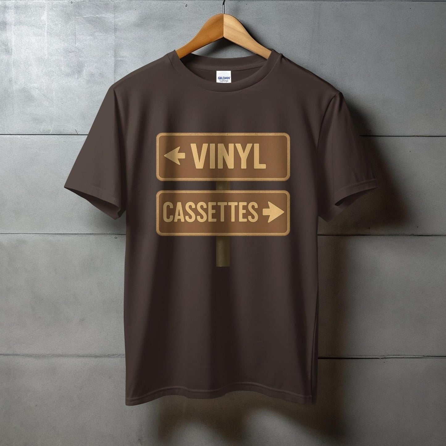 Vinyl Cassettes Sign on Brown Shirt product type