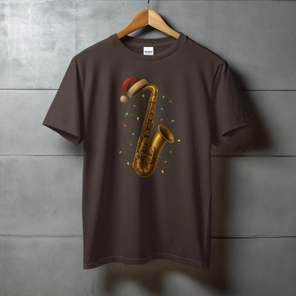 Festive Saxophone Design on Brown T-Shirt product type
