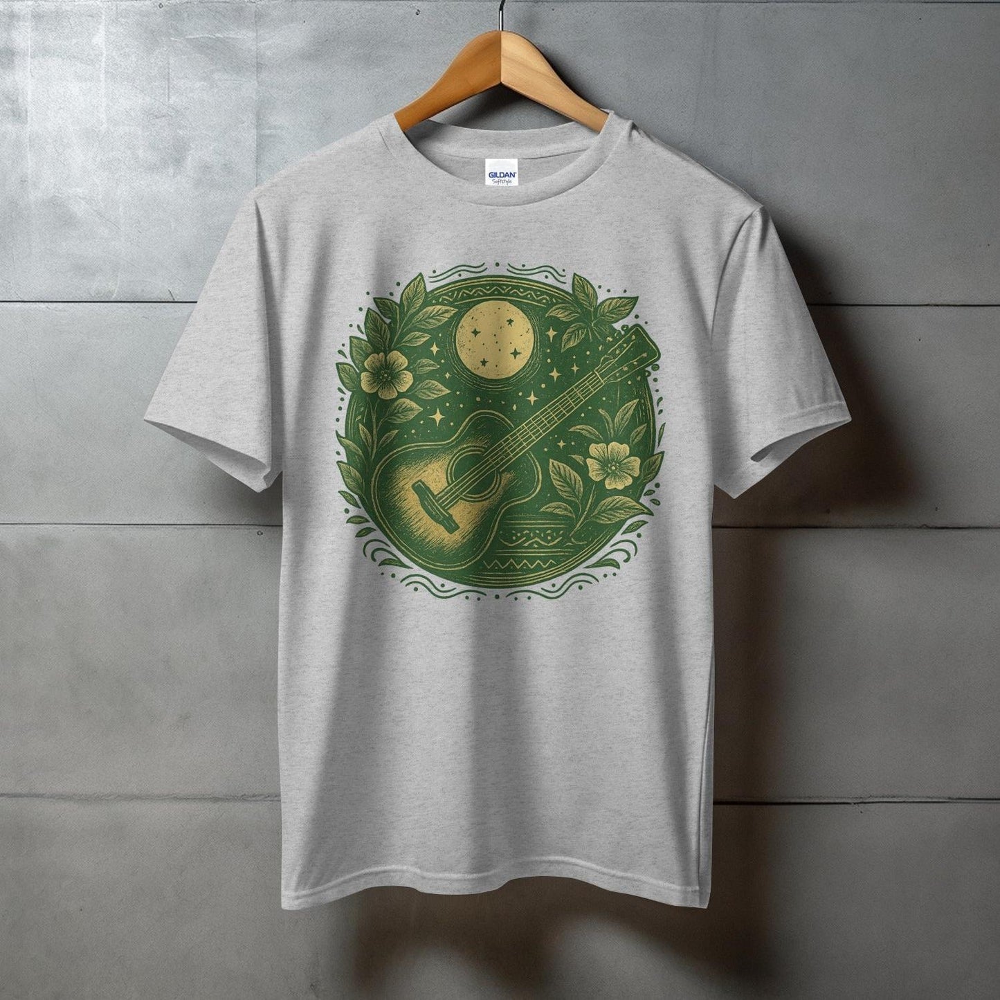 Moon and Guitar Art on White T-Shirt Product