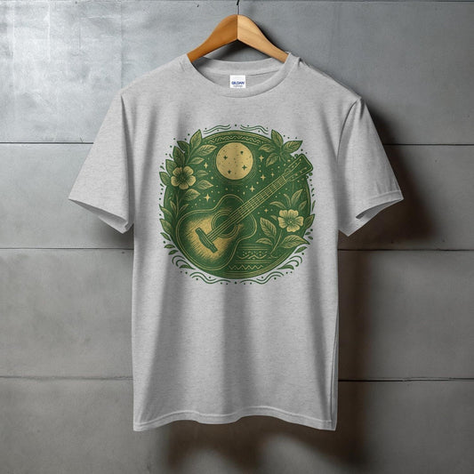 Moon and Guitar Art on White T-Shirt Product