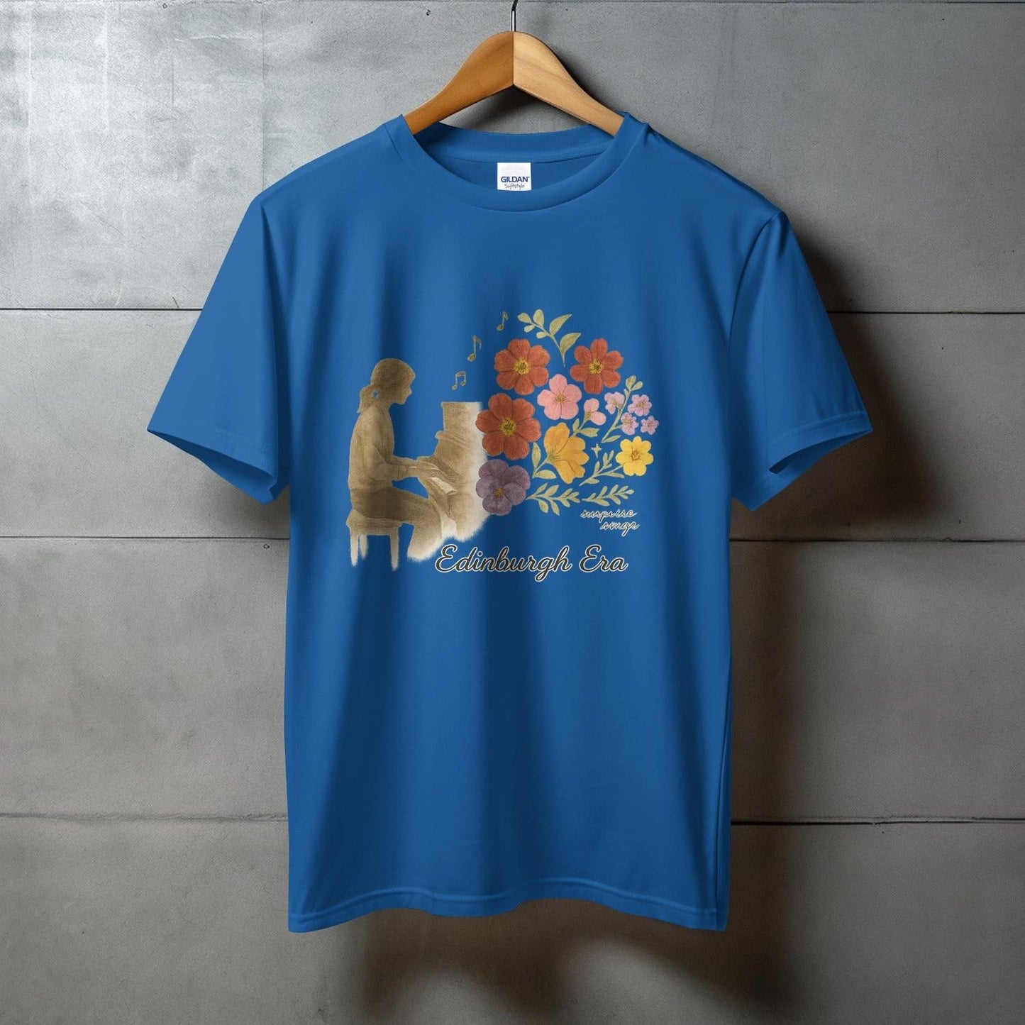 Edinburgh City Piano Flower Design Blue T-Shirt product