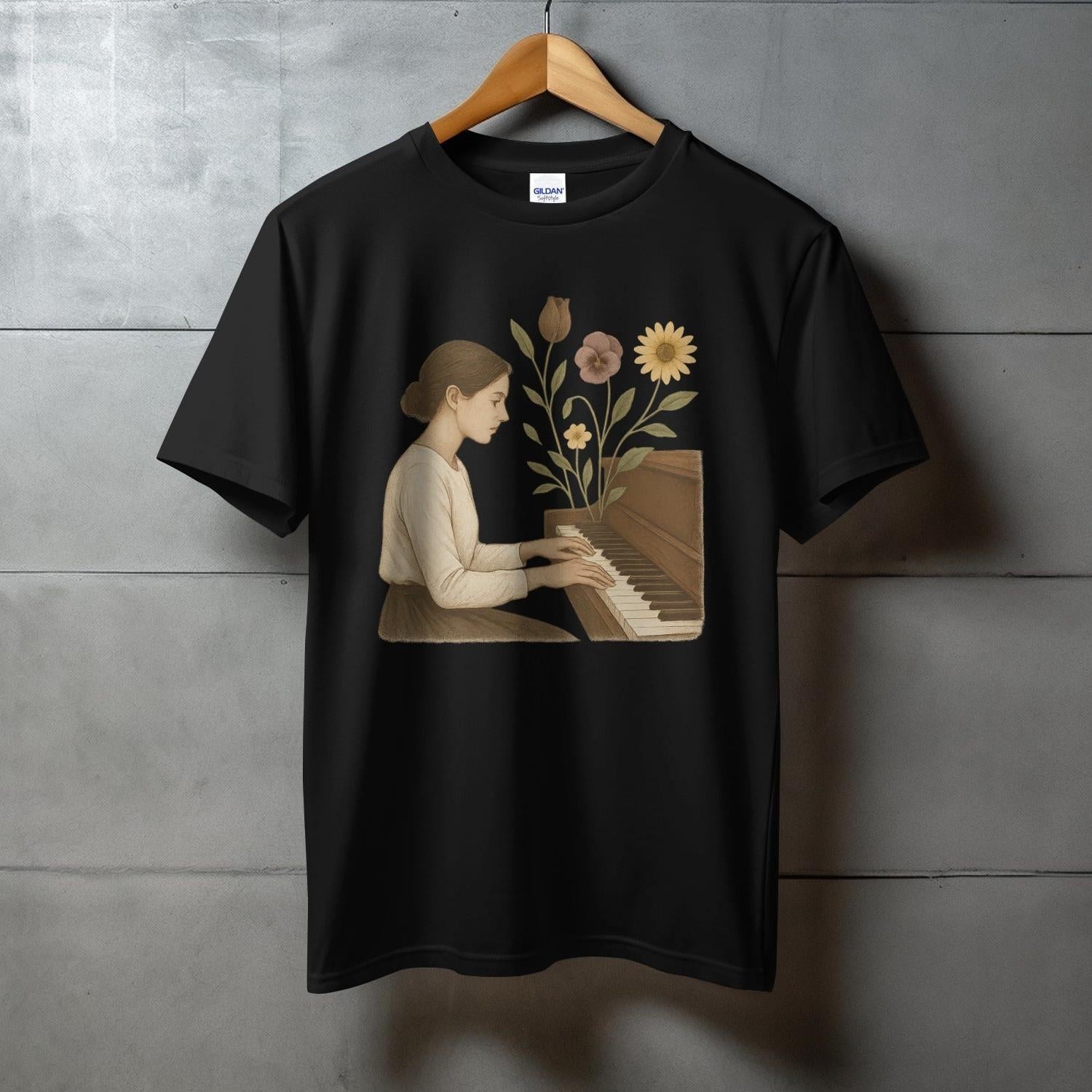 Woman Playing Piano with Flowers Graphic T-shirt product