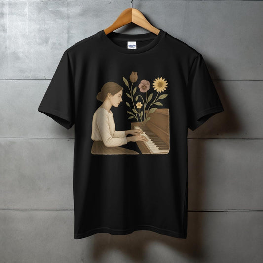 Woman Playing Piano with Flowers Graphic T-shirt product