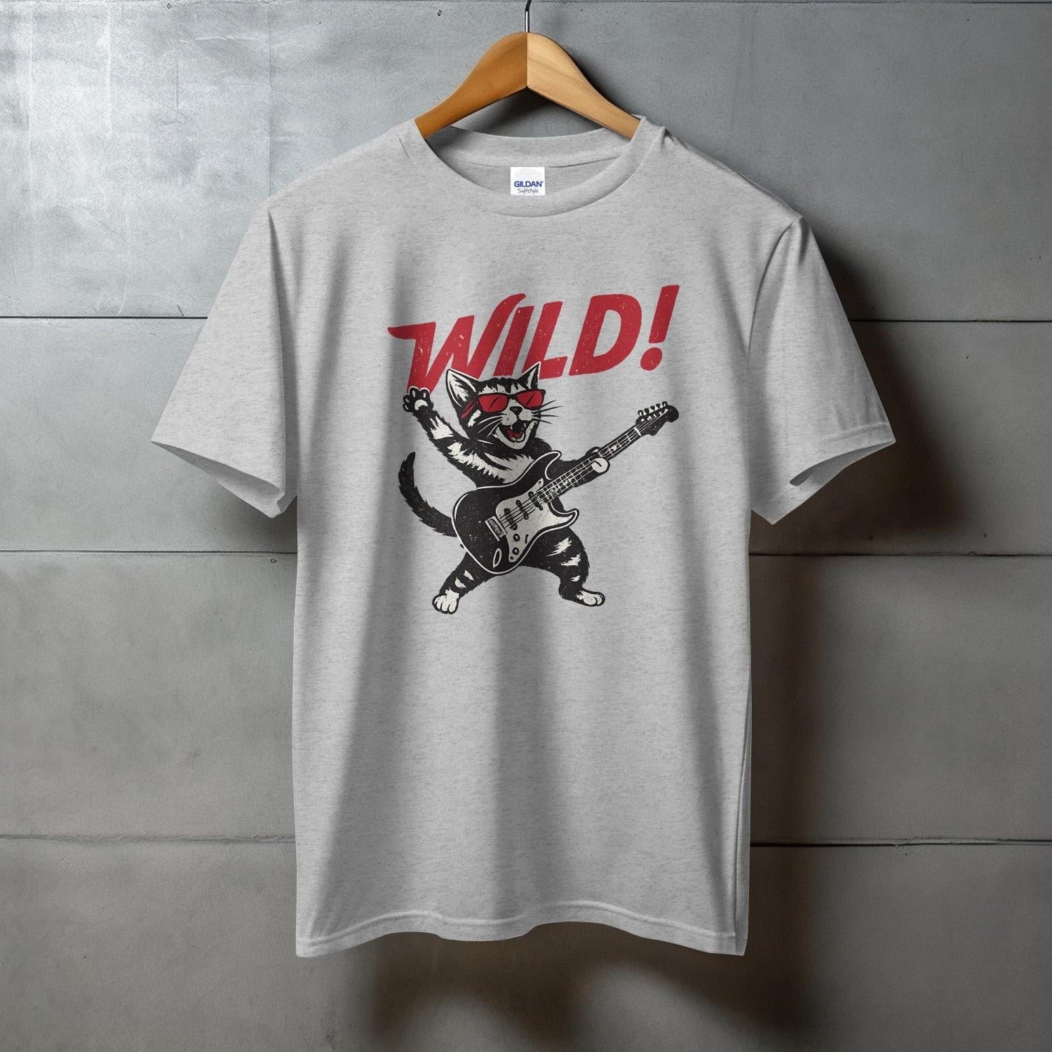Wild Rocking Cat Graphic T Shirt Over Grey Background product type