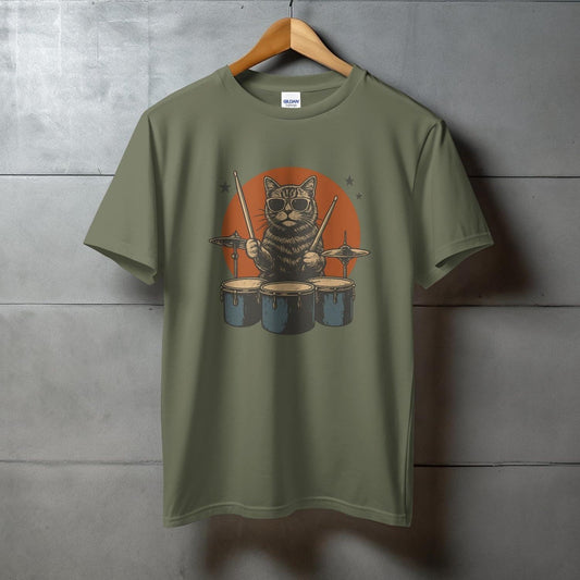 Drumming Cat Graphic Print T-Shirt Casual Wear Product