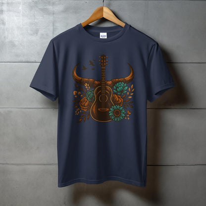 Guitar And Floral Bull Skull Design T-Shirt product