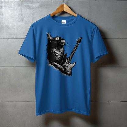 Cool Blue T-Shirt with Cat Playing Guitar design product type